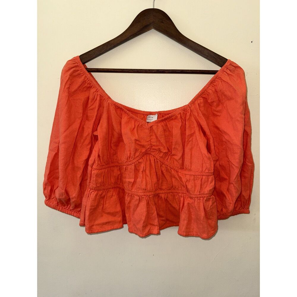 A New Day Orange Linen Blend Puff Sleeve Crop Peasant Top Size M - Picture 1 of 8